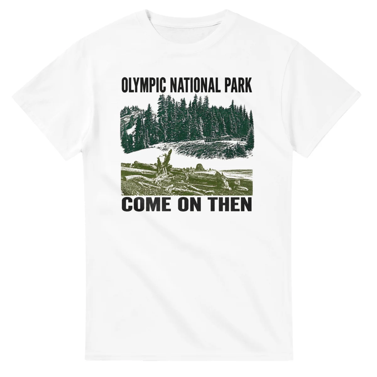 Two-colour scenic illustration for Olympic National Park, with the place name and COME ON THEN lettering.