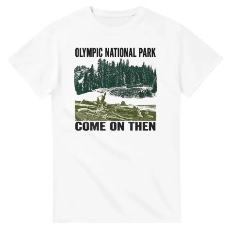 Two-colour scenic illustration for Olympic National Park, with the place name and COME ON THEN lettering.
