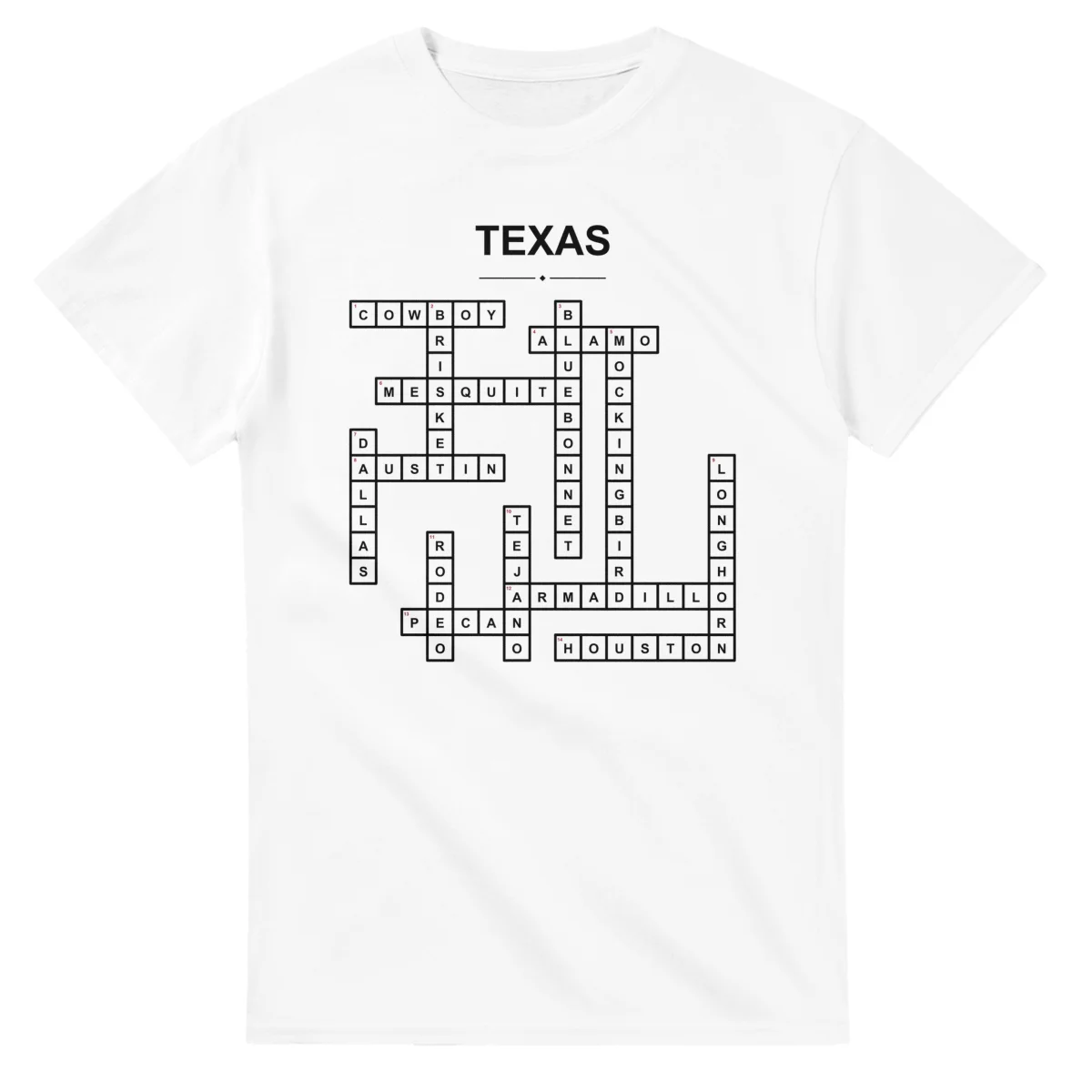 Monochrome crossword sheet for Texas, with a large place-name heading, a letter grid, and numbered across and down clues.