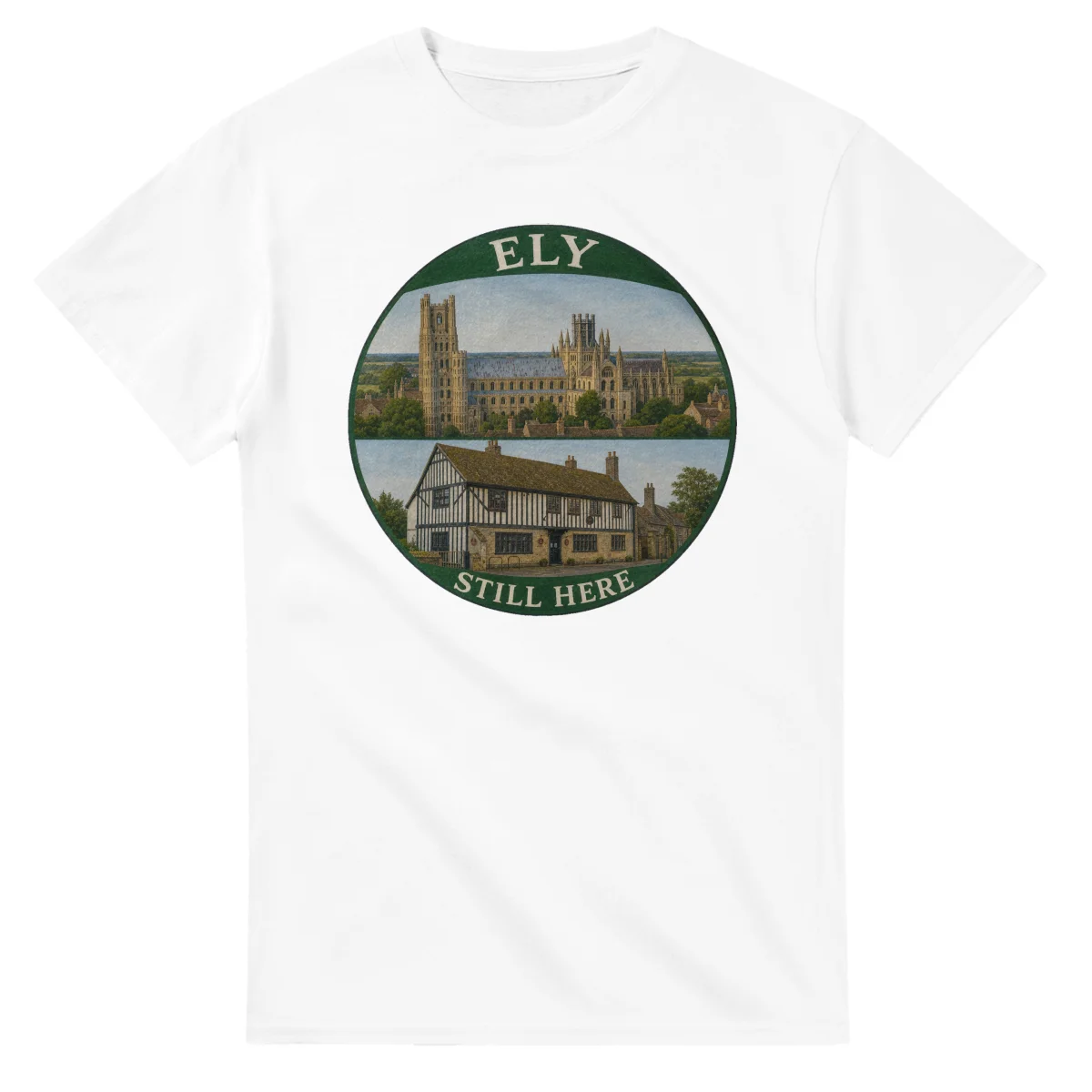 Painted, panelled scenic illustration for Ely, with paired local scenes and the place name in lettering.