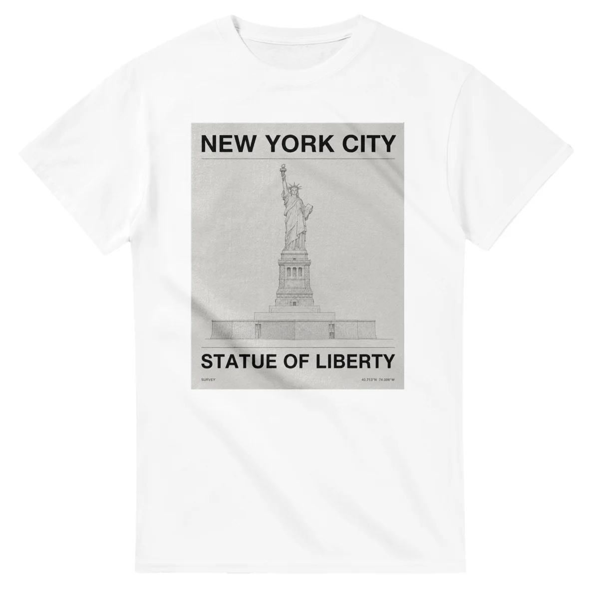 Fine-line engraving-style drawing for New York City, with a landmark caption and small coordinate text.
