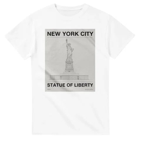 Fine-line engraving-style drawing for New York City, with a landmark caption and small coordinate text.