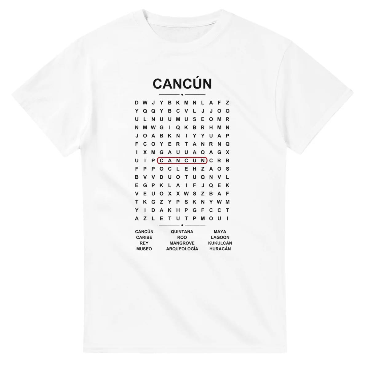 Word-search sheet for Cancún, with a large place-name heading, a letter grid, a local answer list, and a red highlighted example word.