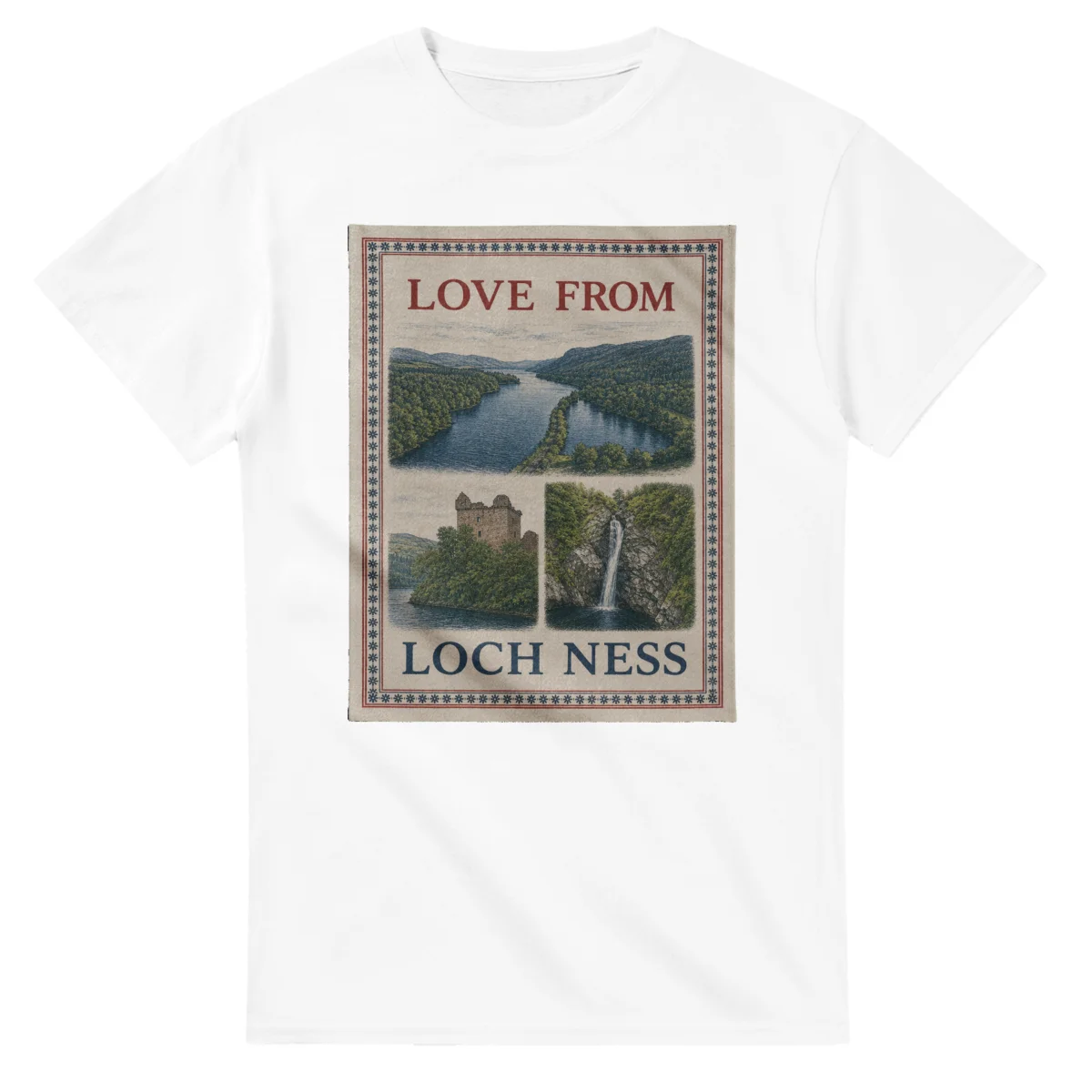 Framed scenic design for Loch Ness, with several local views, a decorative border and LOVE FROM lettering.