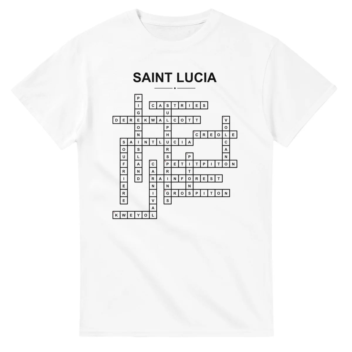 Monochrome crossword sheet for Saint Lucia, with a large place-name heading, a letter grid, and numbered across and down clues.