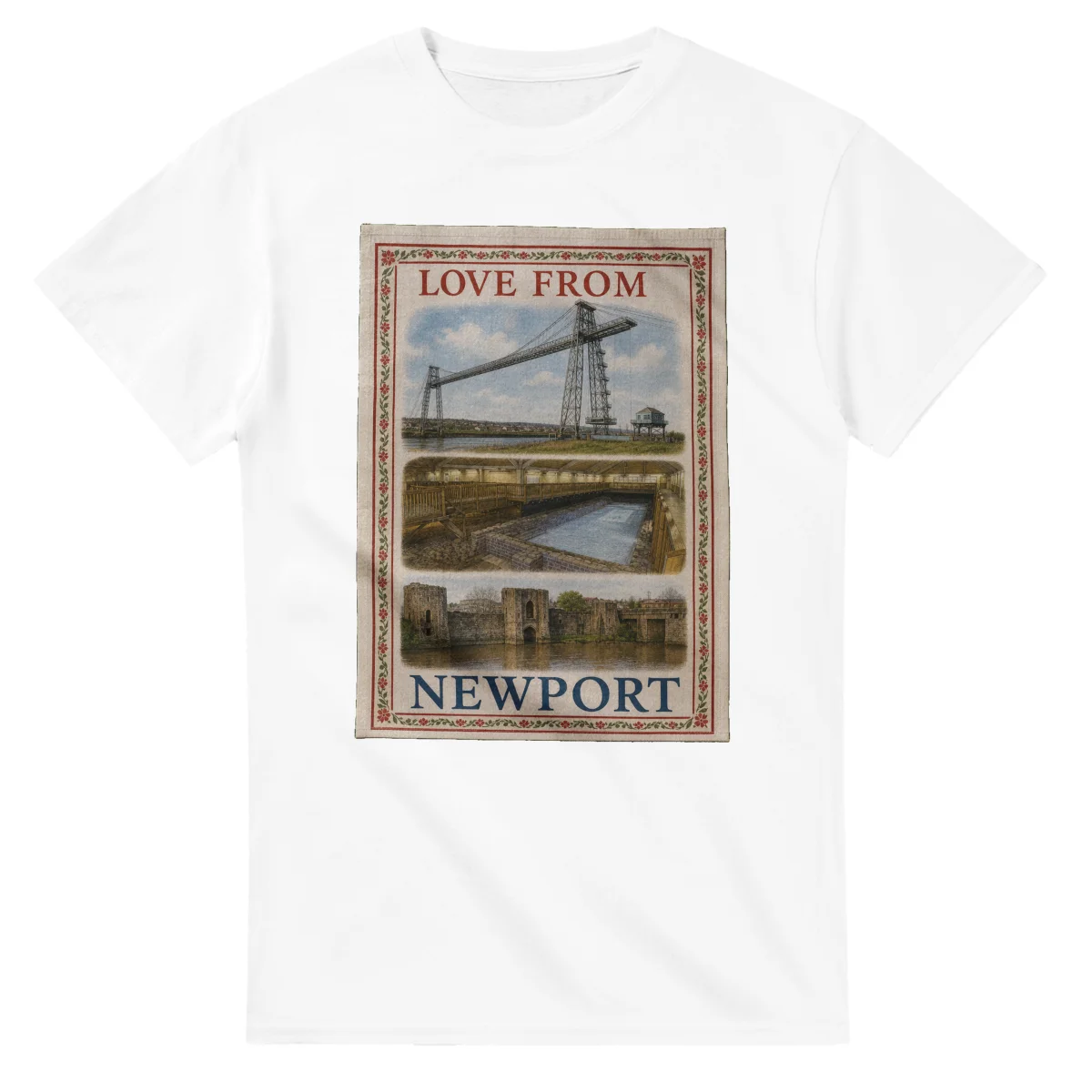 Framed scenic design for Newport, with several local views, a decorative border and LOVE FROM lettering.