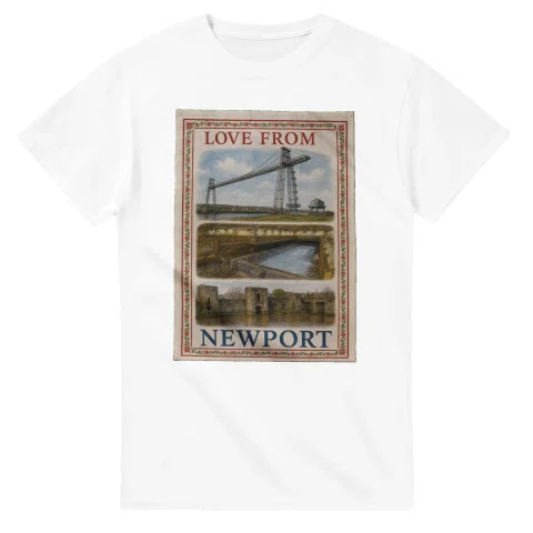 Framed scenic design for Newport, with several local views, a decorative border and LOVE FROM lettering.