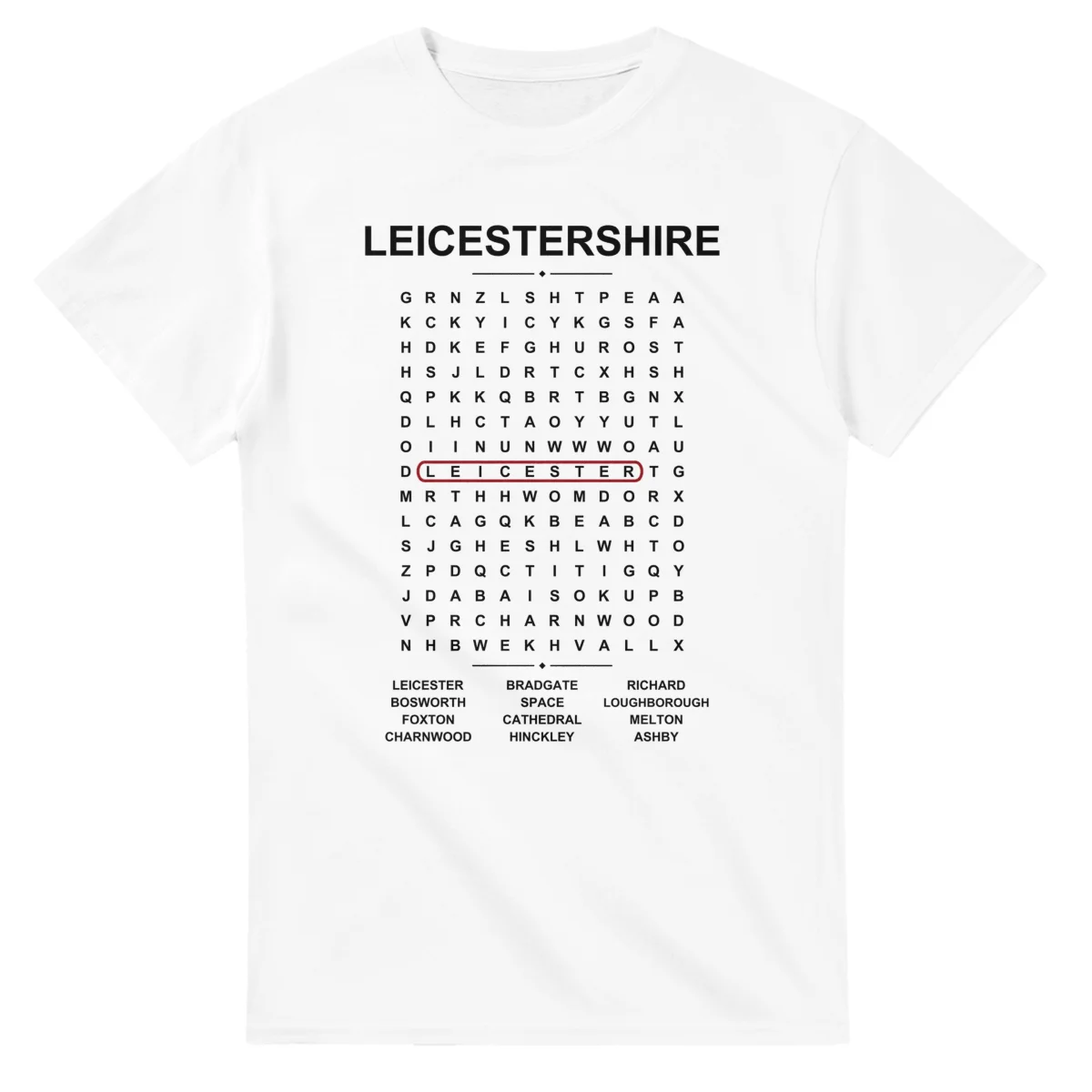 Word-search sheet for Leicestershire, with a large place-name heading, a letter grid, a local answer list, and a red highlighted example word.
