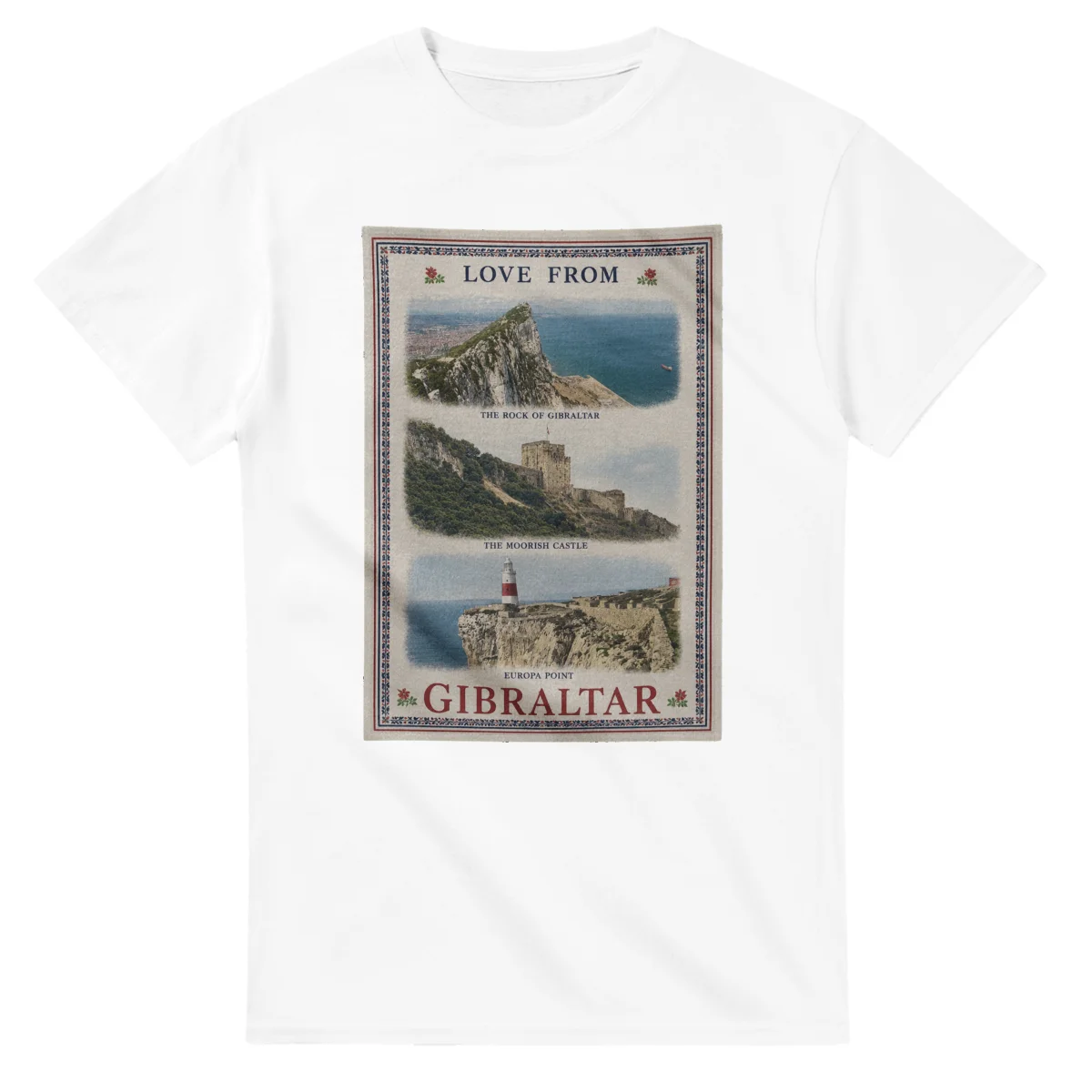 Framed scenic design for Gibraltar, with several local views, a decorative border and LOVE FROM lettering.