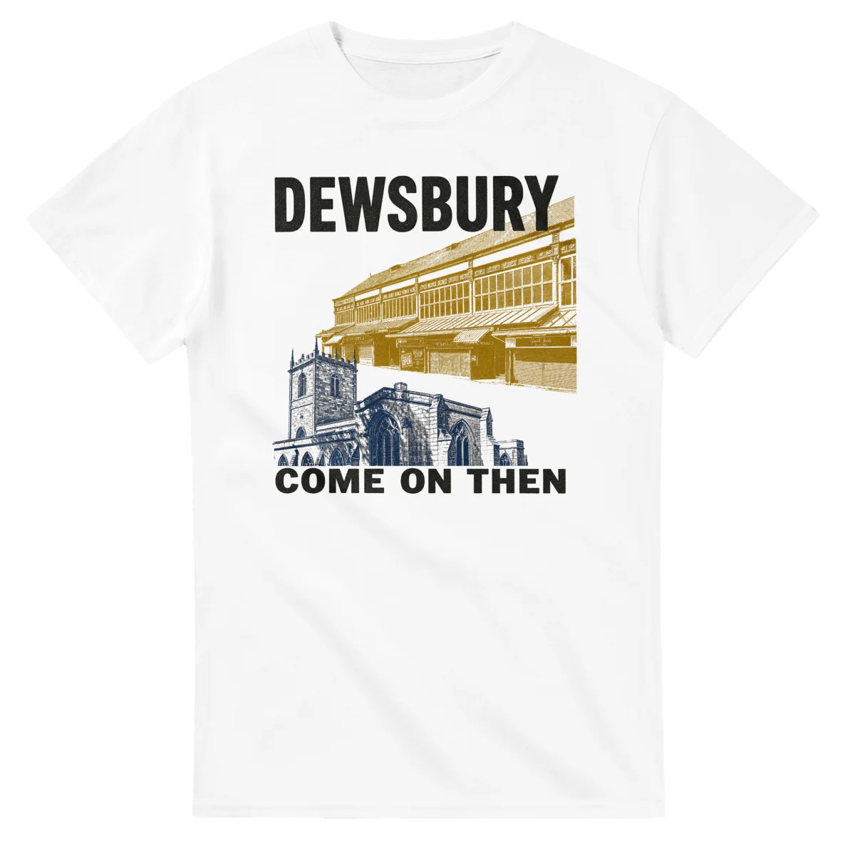 Two-colour scenic illustration for Dewsbury, with the place name and COME ON THEN lettering.