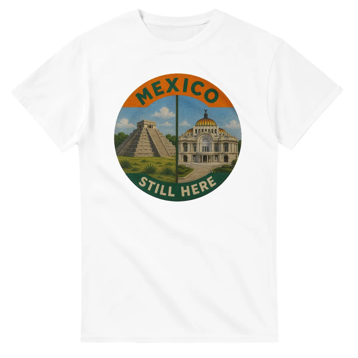Painted, panelled scenic illustration for Mexico, with paired local scenes and the place name in lettering.