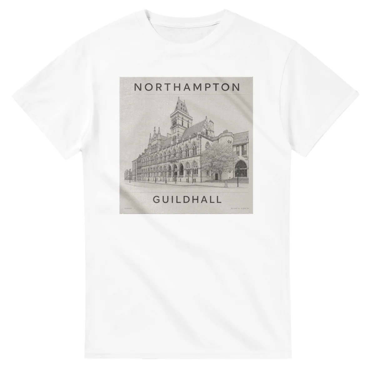 Fine-line engraving-style drawing for Northampton, with a landmark caption and small coordinate text.