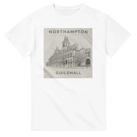 Fine-line engraving-style drawing for Northampton, with a landmark caption and small coordinate text.
