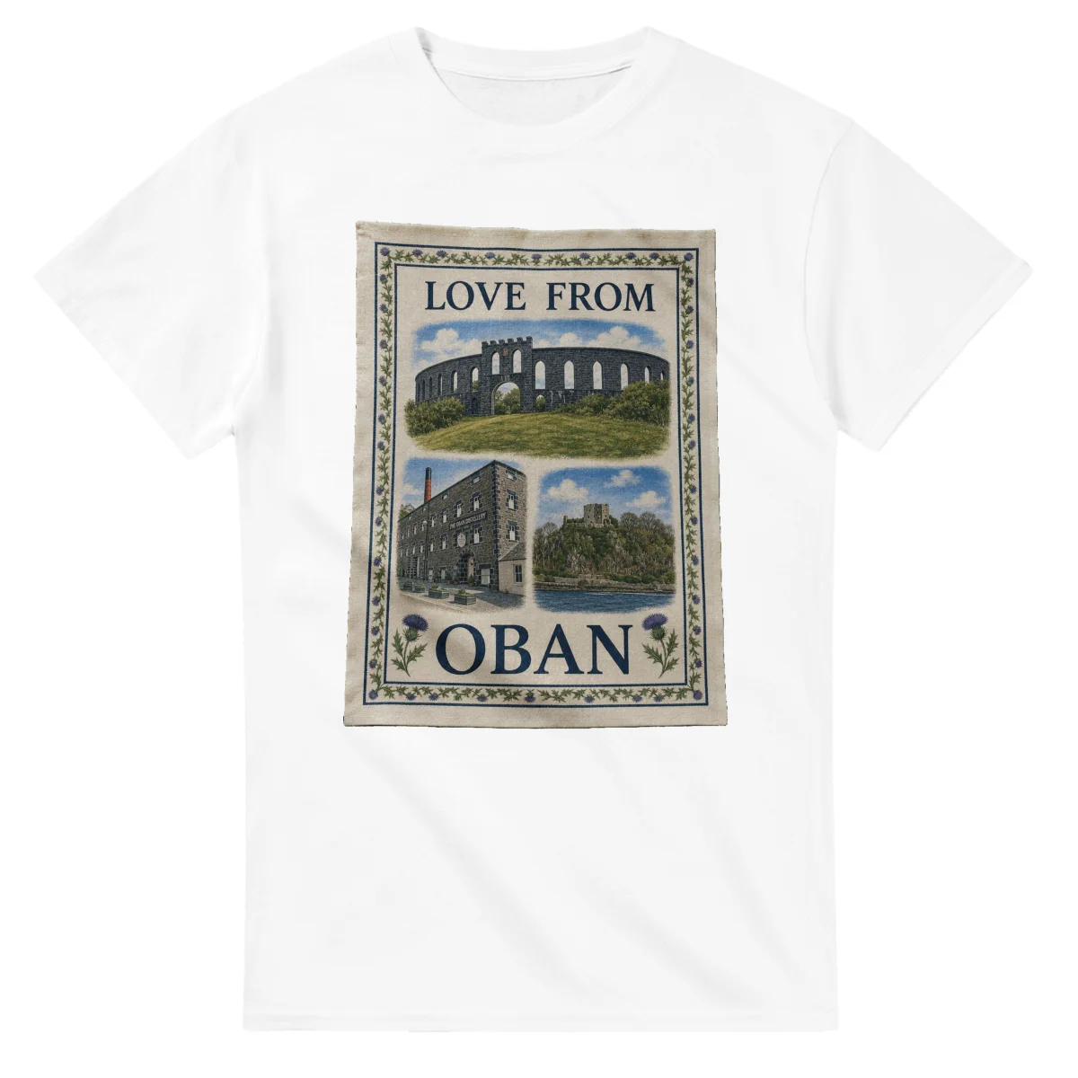 Framed scenic design for Oban, with several local views, a decorative border and LOVE FROM lettering.
