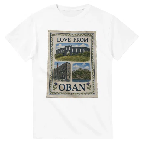 Framed scenic design for Oban, with several local views, a decorative border and LOVE FROM lettering.