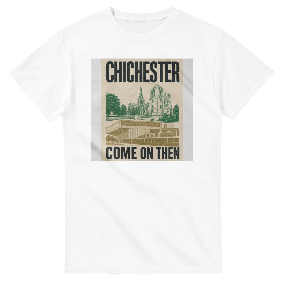 Two-colour scenic illustration for Chichester, with the place name and COME ON THEN lettering.
