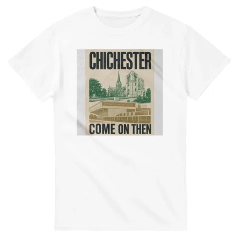Two-colour scenic illustration for Chichester, with the place name and COME ON THEN lettering.