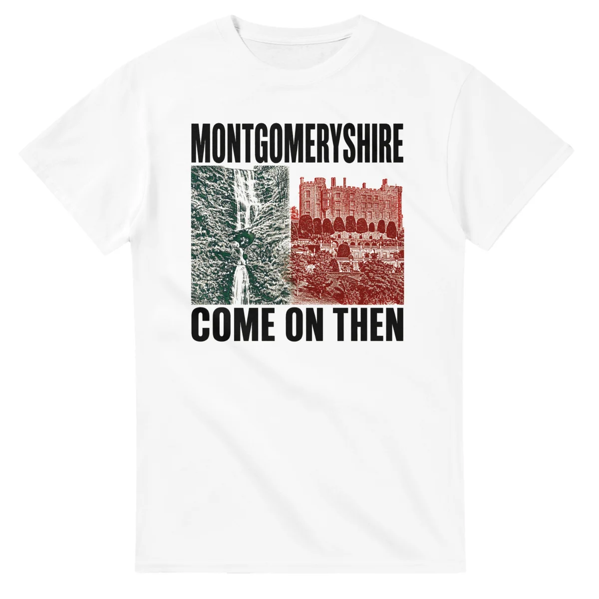 Two-colour scenic illustration for Montgomeryshire, with the place name and COME ON THEN lettering.