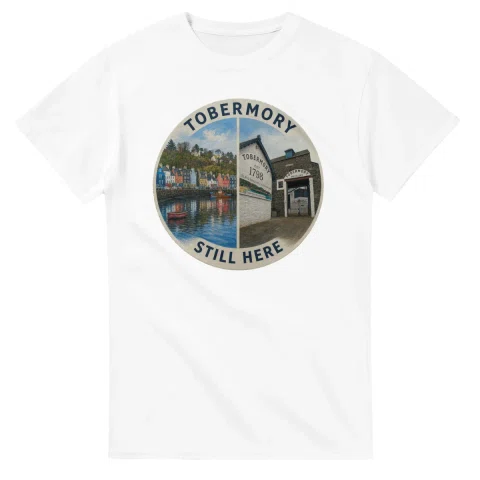 Painted, panelled scenic illustration for Tobermory, with paired local scenes and the place name in lettering.