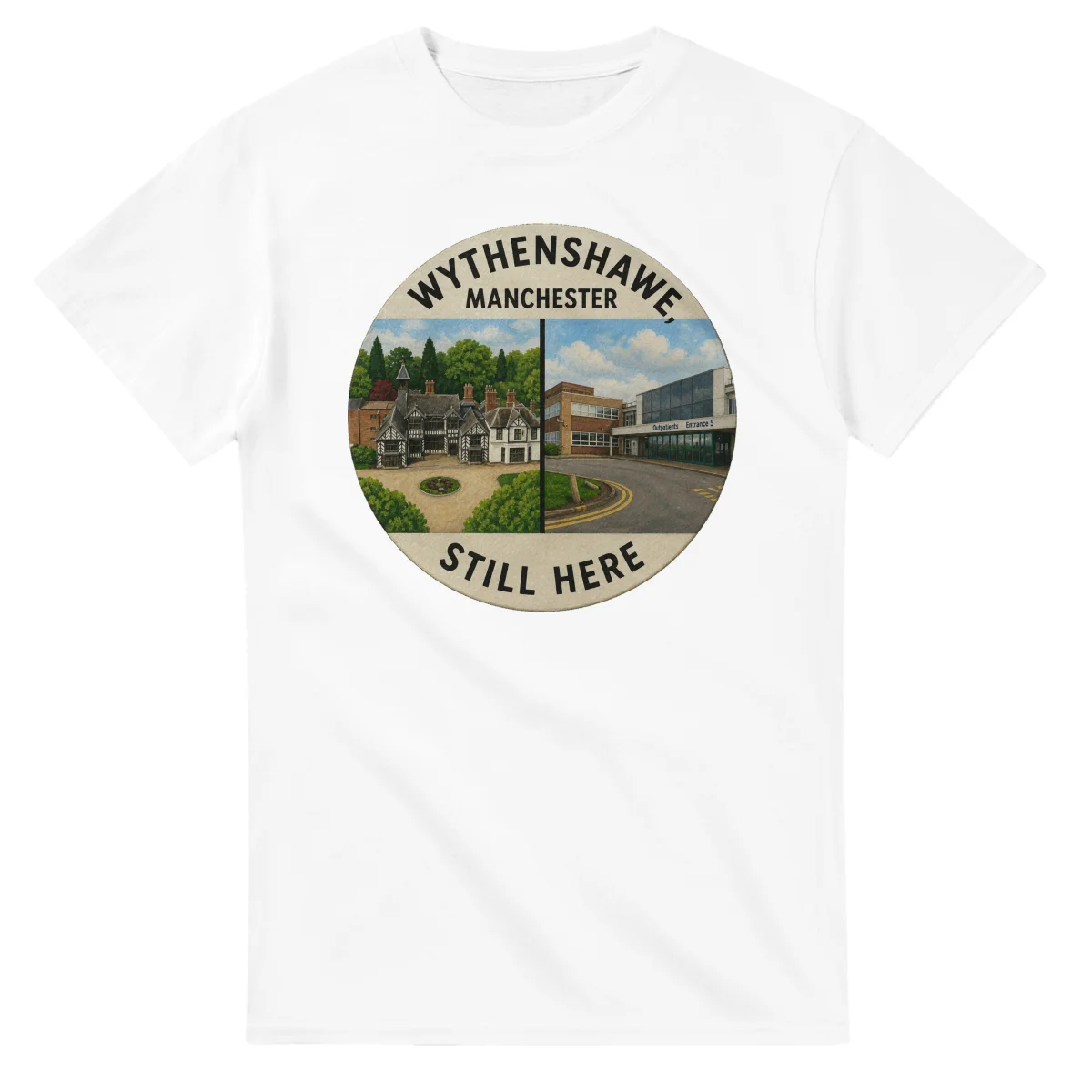 Painted, panelled scenic illustration for Wythenshawe, with paired local scenes and the place name in lettering.