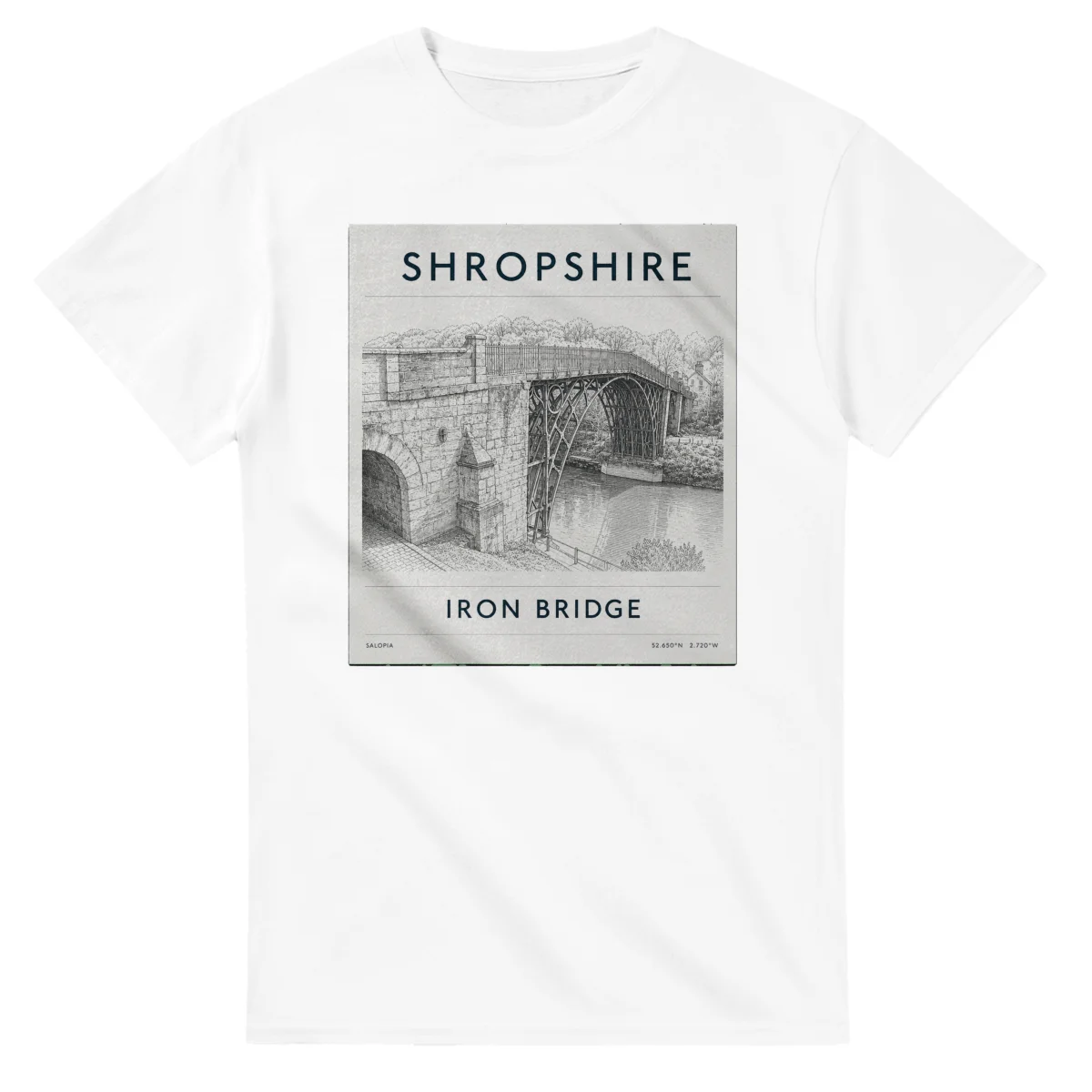 Fine-line engraving-style drawing for Shropshire, with a landmark caption and small coordinate text.