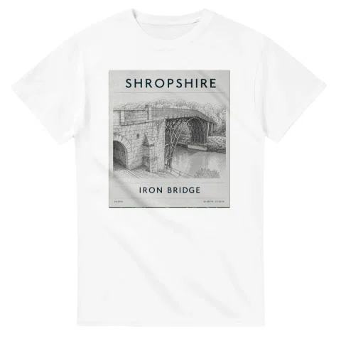 Fine-line engraving-style drawing for Shropshire, with a landmark caption and small coordinate text.