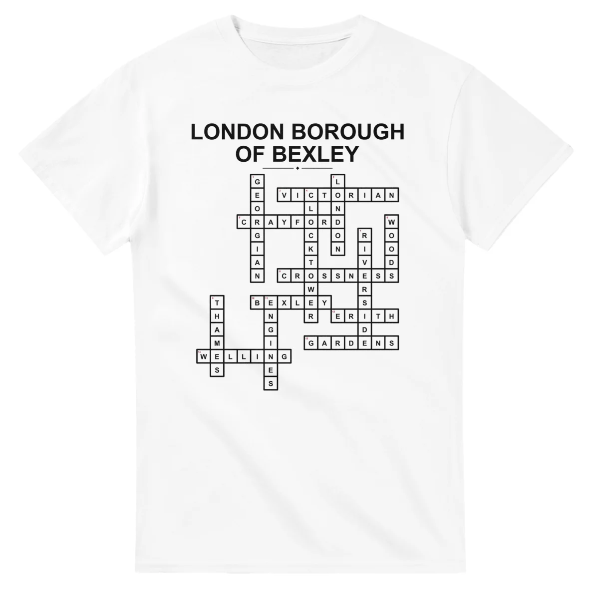Monochrome crossword sheet for London Borough of Bexley, with a large place-name heading, a letter grid, and numbered across and down clues.
