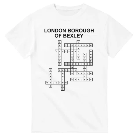 Monochrome crossword sheet for London Borough of Bexley, with a large place-name heading, a letter grid, and numbered across and down clues.