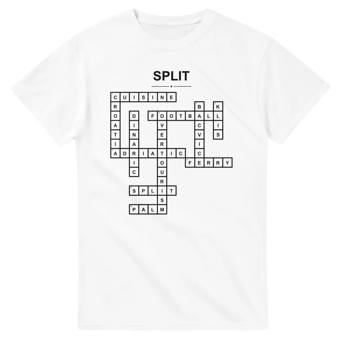 Monochrome crossword sheet for Split, with a large place-name heading, a letter grid, and numbered across and down clues.