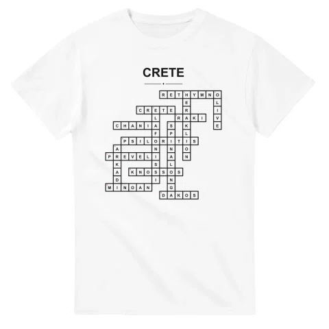 Monochrome crossword sheet for Crete, with a large place-name heading, a letter grid, and numbered across and down clues.