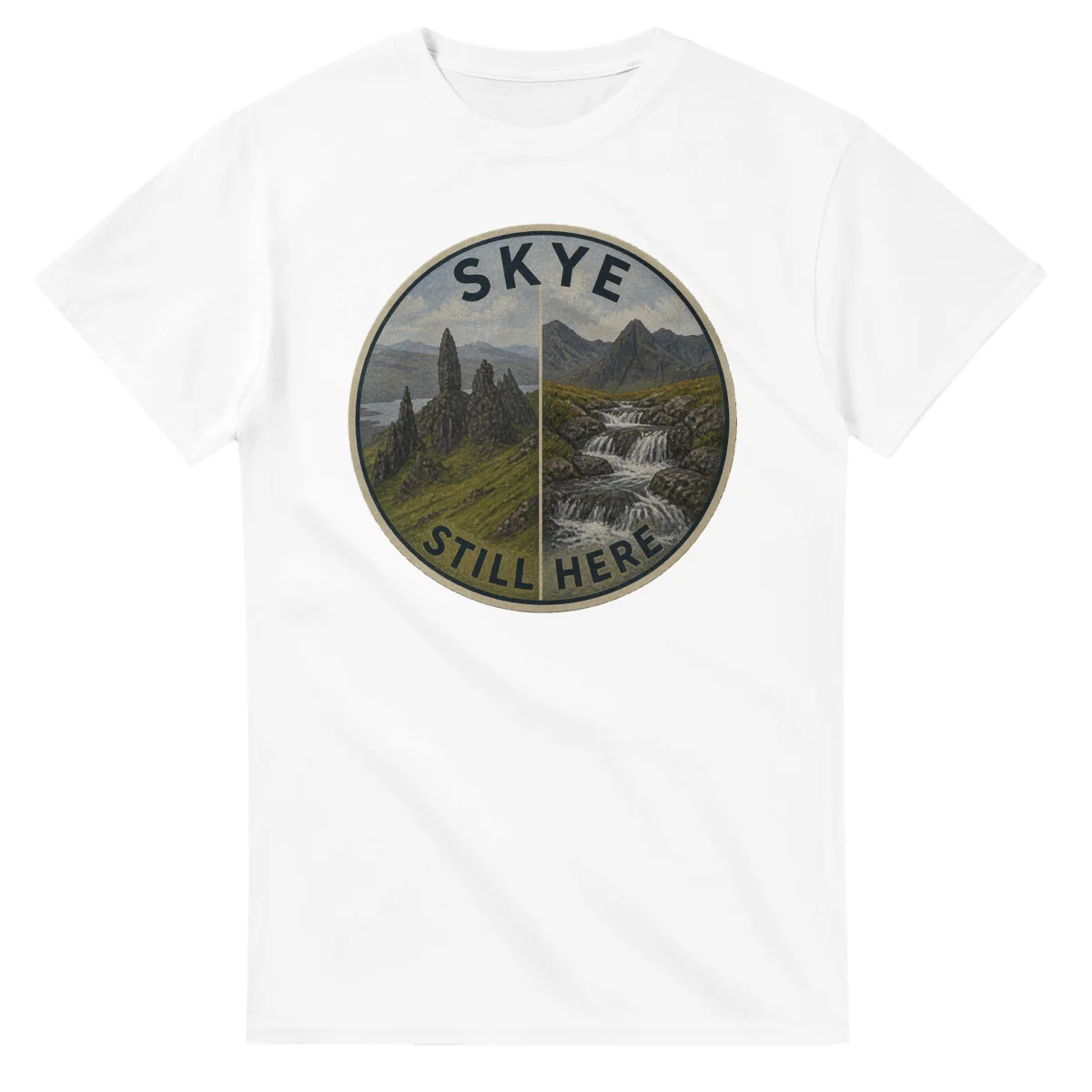 Painted, panelled scenic illustration for Skye, with paired local scenes and the place name in lettering.