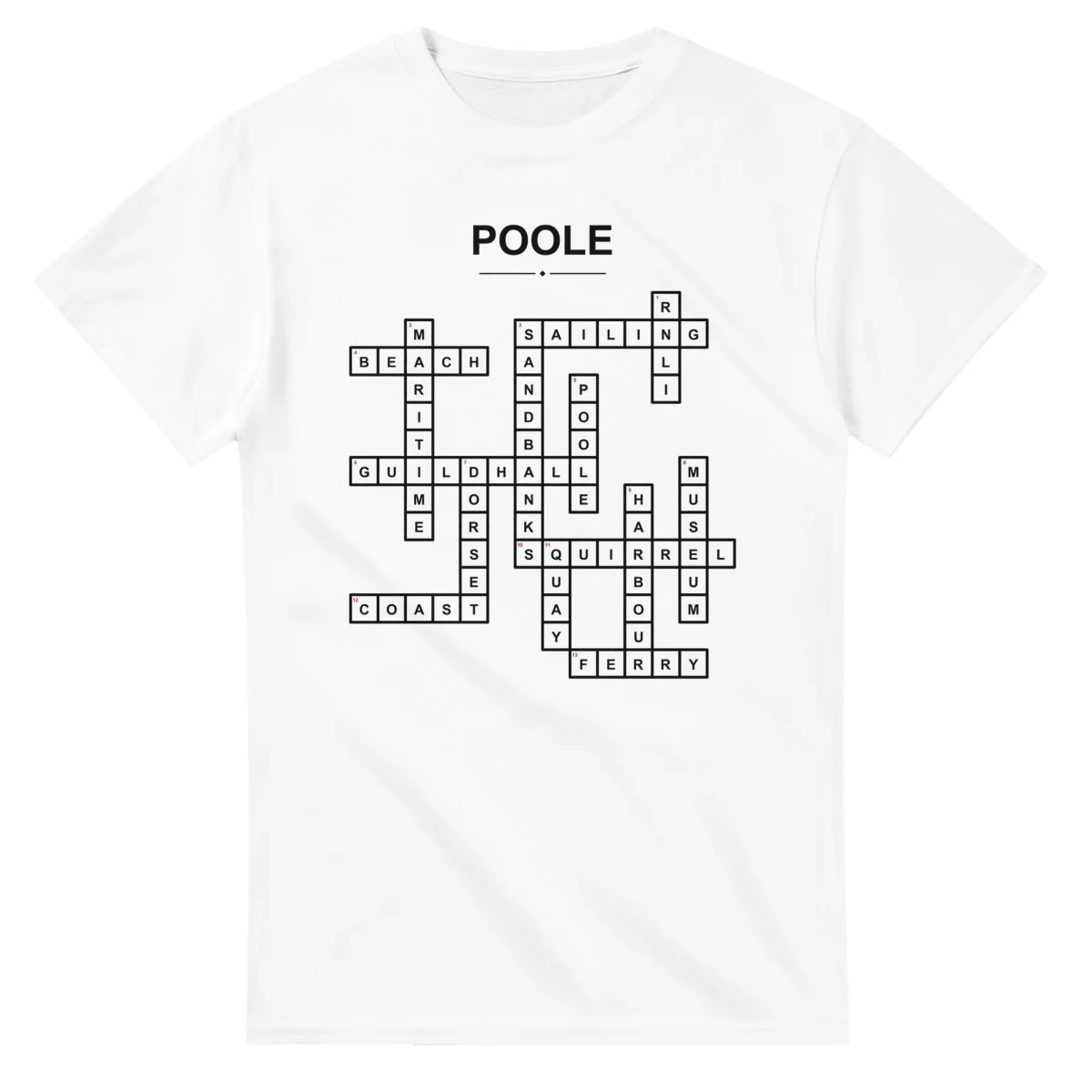 Monochrome crossword sheet for Poole, with a large place-name heading, a letter grid, and numbered across and down clues.