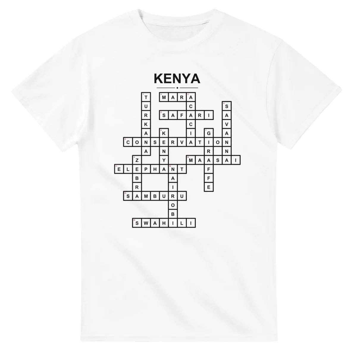 Monochrome crossword sheet for Kenya, with a large place-name heading, a letter grid, and numbered across and down clues.