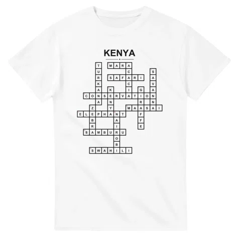 Monochrome crossword sheet for Kenya, with a large place-name heading, a letter grid, and numbered across and down clues.