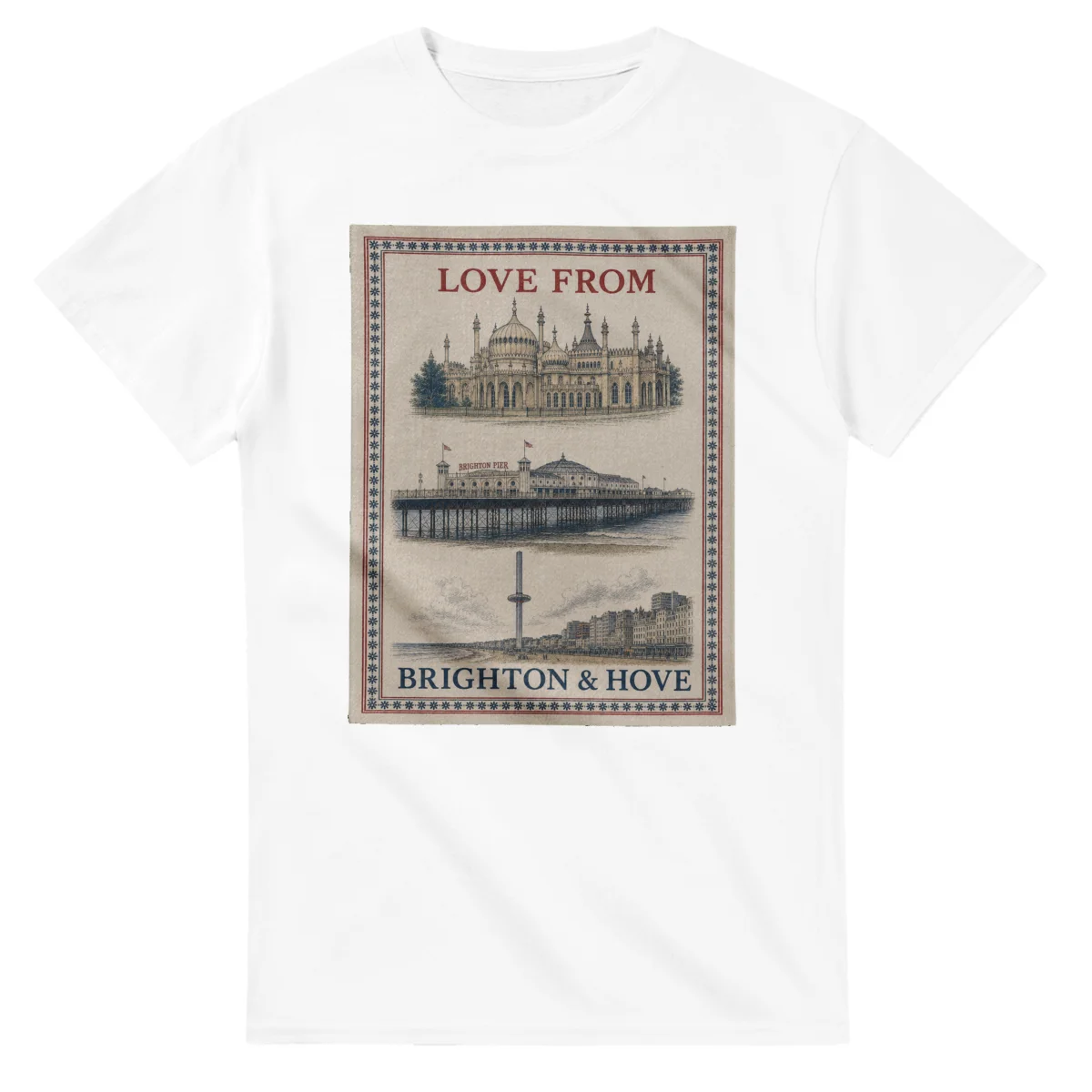 Framed scenic design for Brighton & Hove, with several local views, a decorative border and LOVE FROM lettering.