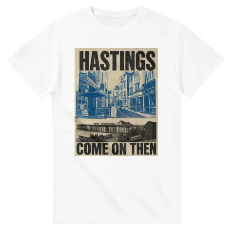 Two-colour scenic illustration for Hastings, with the place name and COME ON THEN lettering.