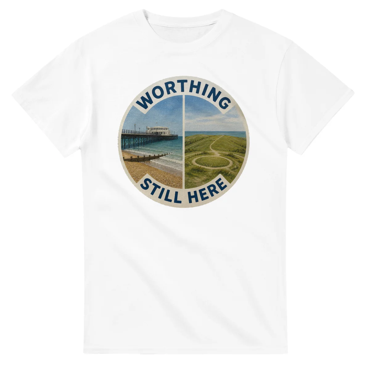 Painted, panelled scenic illustration for Worthing, with paired local scenes and the place name in lettering.