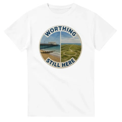 Painted, panelled scenic illustration for Worthing, with paired local scenes and the place name in lettering.
