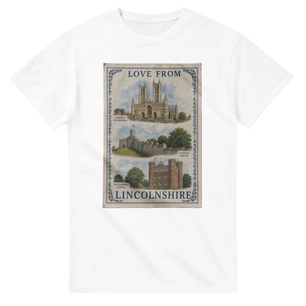 Framed scenic design for Lincolnshire, with several local views, a decorative border and LOVE FROM lettering.