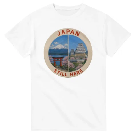 Painted, panelled scenic illustration for Japan, with paired local scenes and the place name in lettering.