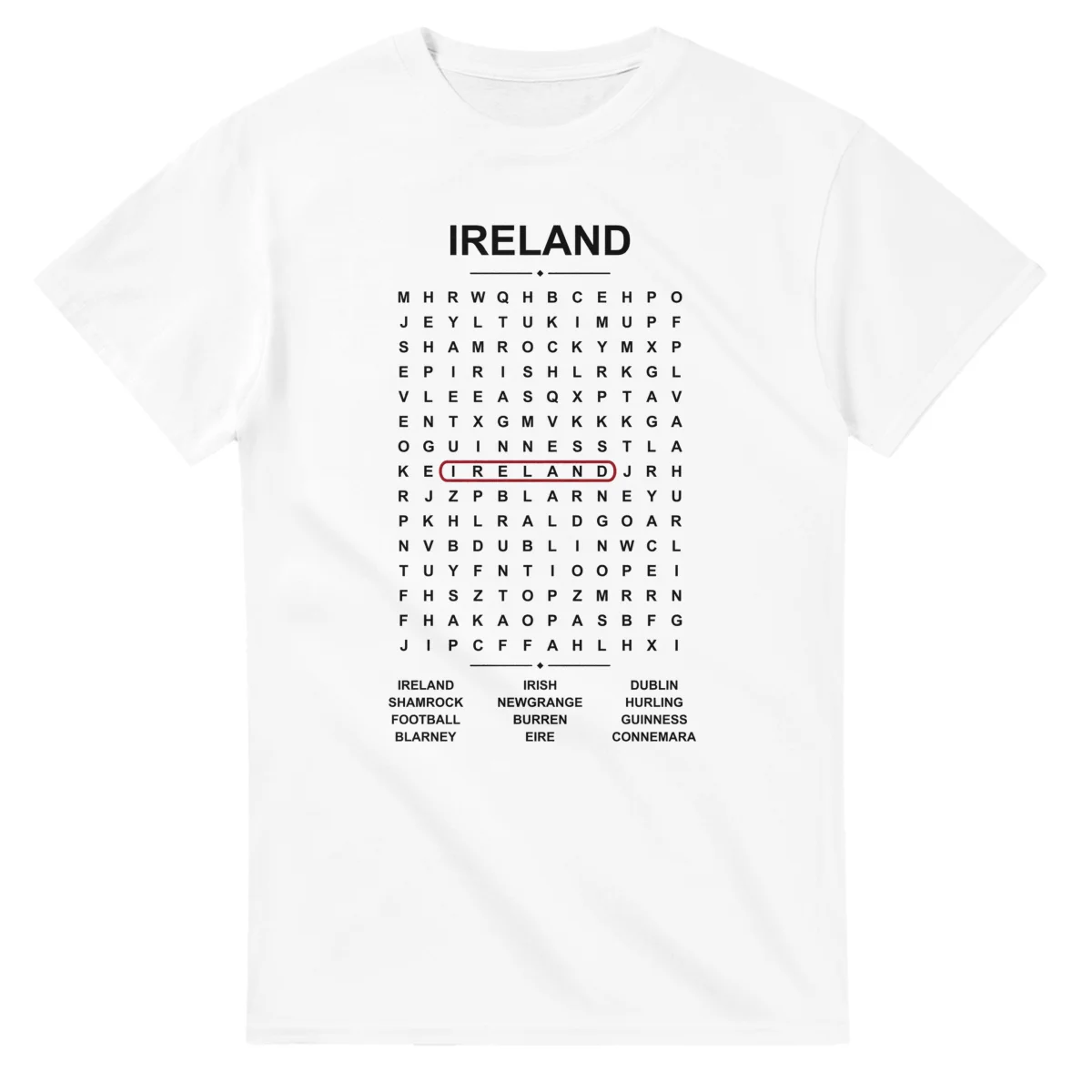 Word-search sheet for Ireland, with a large place-name heading, a letter grid, a local answer list, and a red highlighted example word.