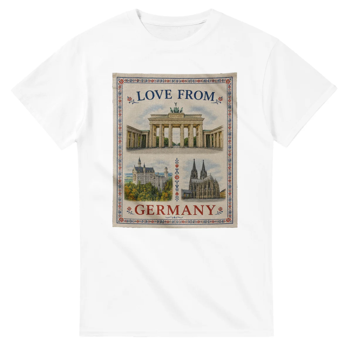 Framed scenic design for Germany, with several local views, a decorative border and LOVE FROM lettering.
