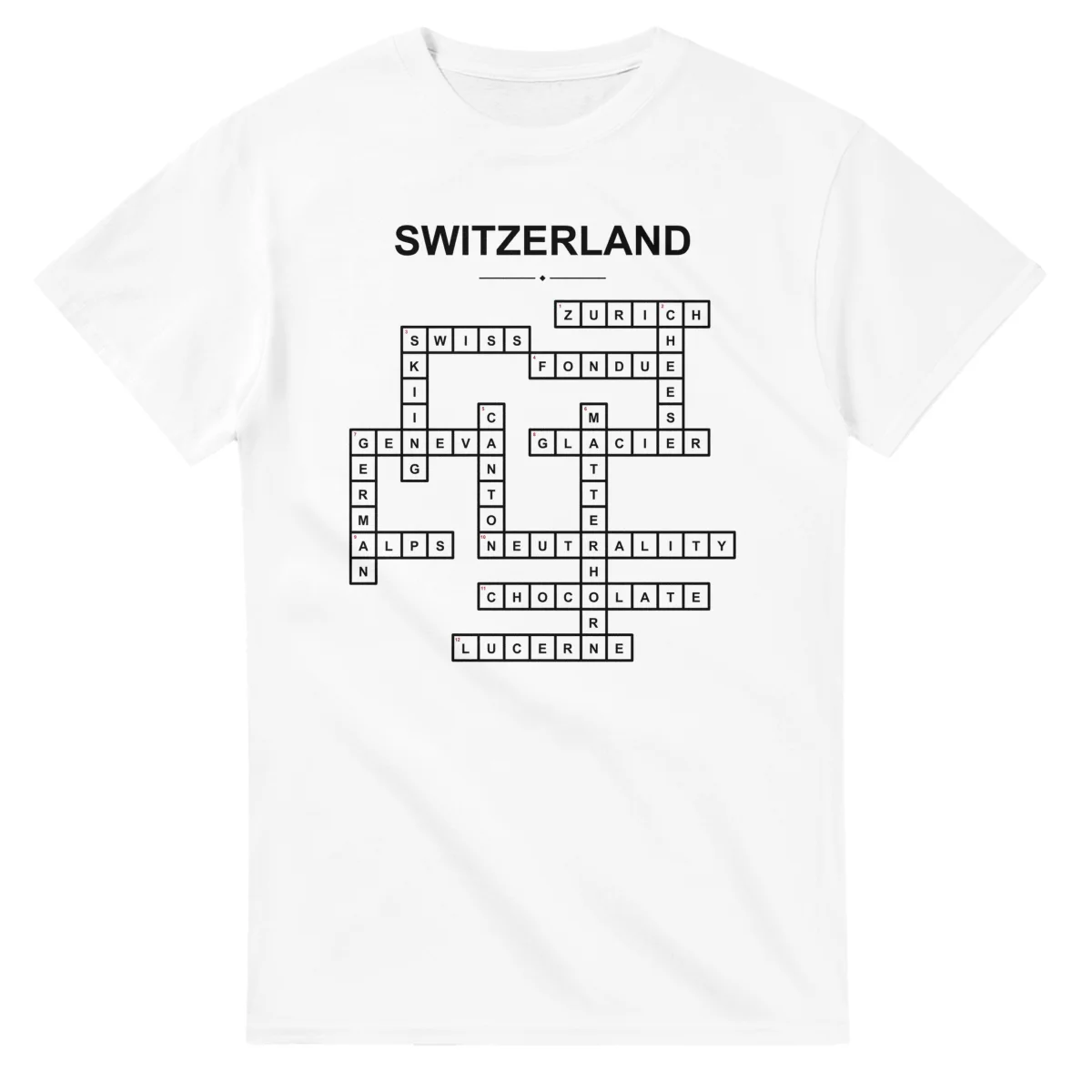 Monochrome crossword sheet for Switzerland, with a large place-name heading, a letter grid, and numbered across and down clues.