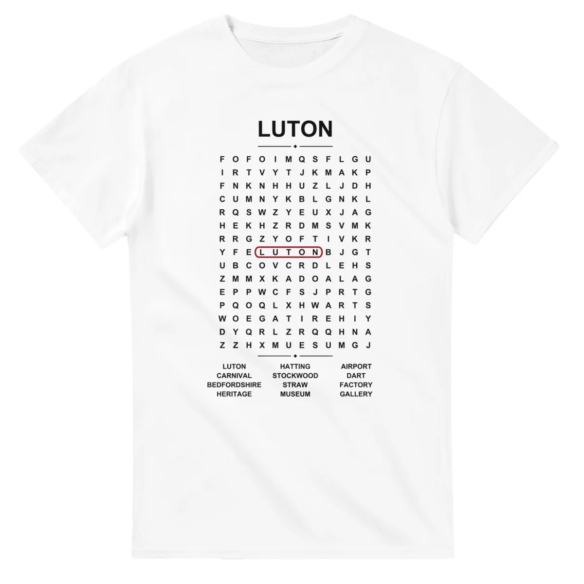 Word-search sheet for Luton, with a large place-name heading, a letter grid, a local answer list, and a red highlighted example word.