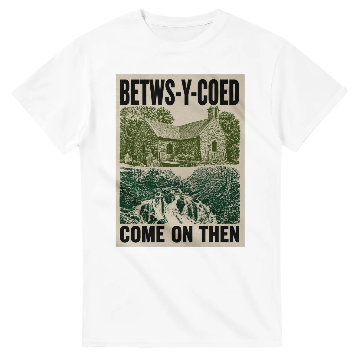 Two-colour scenic illustration for Betws-y-Coed, with the place name and COME ON THEN lettering.