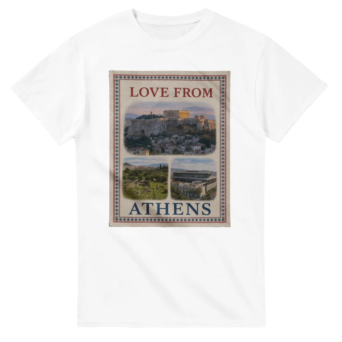 Framed scenic design for Athens, with several local views, a decorative border and LOVE FROM lettering.