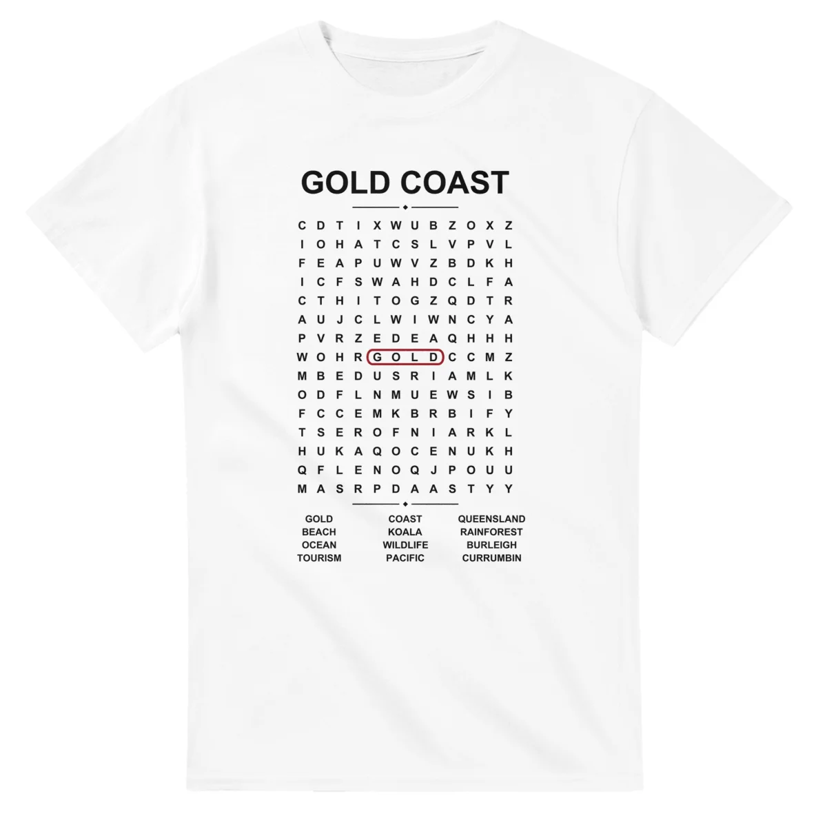 Word-search sheet for Gold Coast, with a large place-name heading, a letter grid, a local answer list, and a red highlighted example word.
