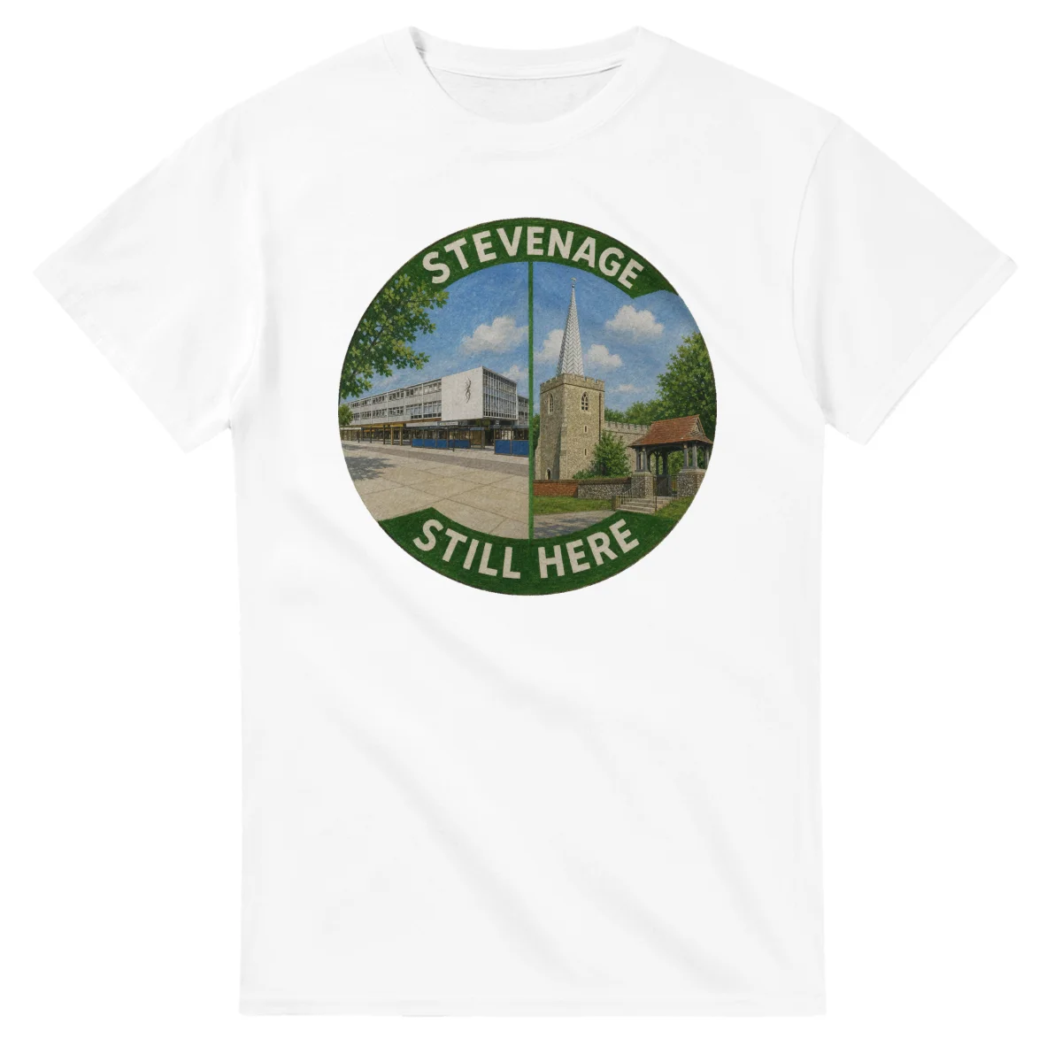 Painted, panelled scenic illustration for Stevenage, with paired local scenes and the place name in lettering.
