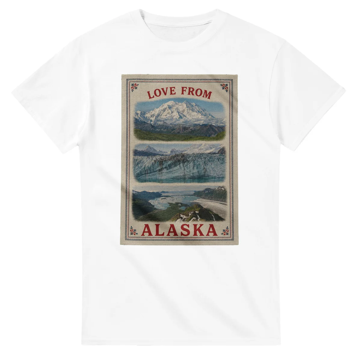 Framed scenic design for Alaska, with several local views, a decorative border and LOVE FROM lettering.
