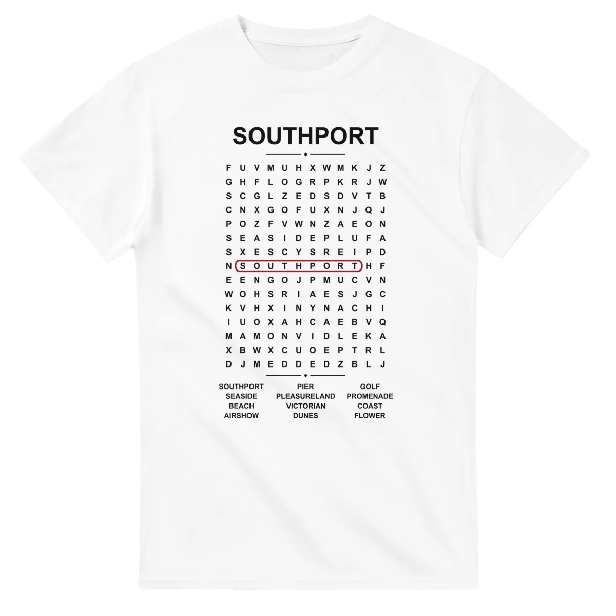 Word-search sheet for Southport, with a large place-name heading, a letter grid, a local answer list, and a red highlighted example word.